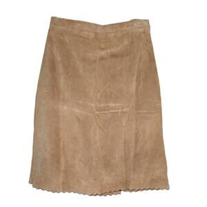 Terry Lewis Vintage 90s Tan Suede Leather Scalloped A-Line Skirt 8